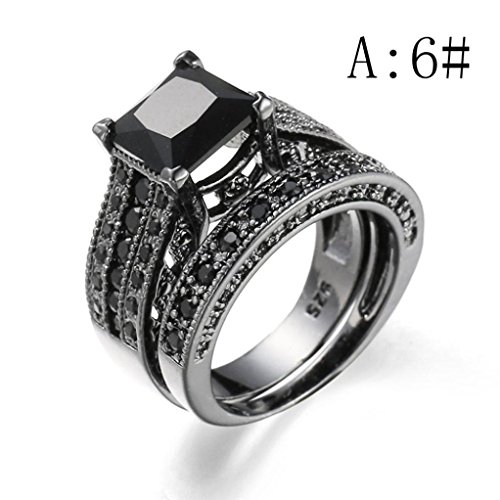 Auwer Rings, 2-in-1 Womens Vintage White Diamond Silver Engagement Wedding Band Ring Set (US Size 6, Black)