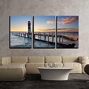 3 Piece Canvas Wall Art - Lighthouse at Lake Neusiedl at Sunset - Modern Home Art Stretched and Framed Ready to Hang - 16"x24"x3 Panels