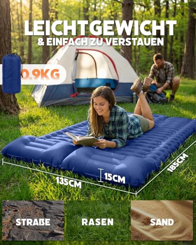 Double Inflatable Camping Sleeping Mat, Ultralight Sleeping Mat with Integrated Cushion & Foot Pump, Waterproof Sleeping Mat for 2 People, Compact for Camping, Trekking, Backpacking and Travel, Blue