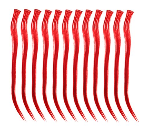 SWACC 12 Pcs Straight One Color Party Highlights Clip on in Hair Extensions Colored Hair Streak Synthetic Hairpieces (Red)