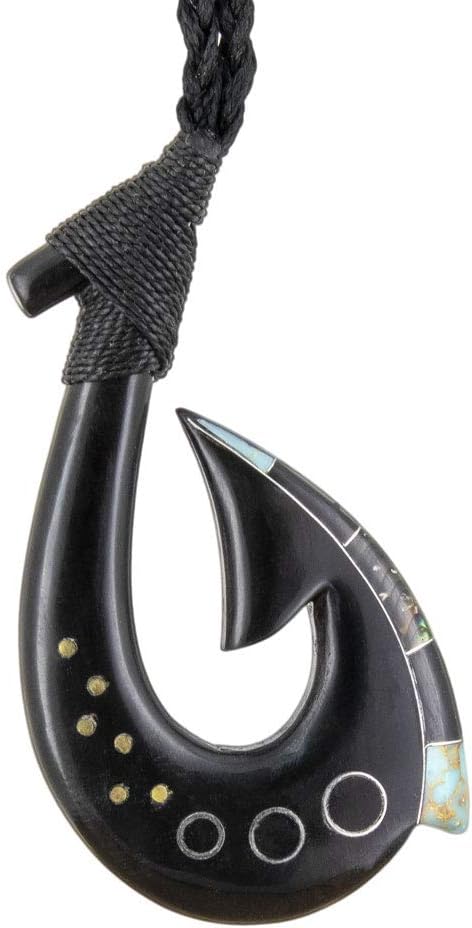 Hawaiian Fish Hook Necklace Hand Carved Black Horn with Inlay Master Carver Collection