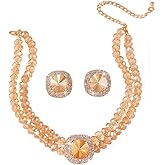 Dtja 2 PCS Layer Round Crystal Choker Necklace and Earring Set, Statement Jewelry for Women, Cubic Zirconia Stud Earrings for Wedding Prom Costume, 15 inches, 5 Colors