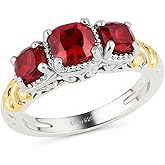 3 Stone Garnet Ring for Women in 925 Sterling Silver With 14K Gold Plating - January Birthstone Promise Engagement Vintage Red Garnet Jewelry - Anniversary Valentines Day Gifts for Womens
