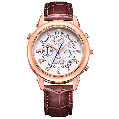 JEDIR Men Special Chronograph Sport Quartz Watch Two-Sided Analog Dial with Date Window Silver Case Leather Strap (Rose Gold Black)