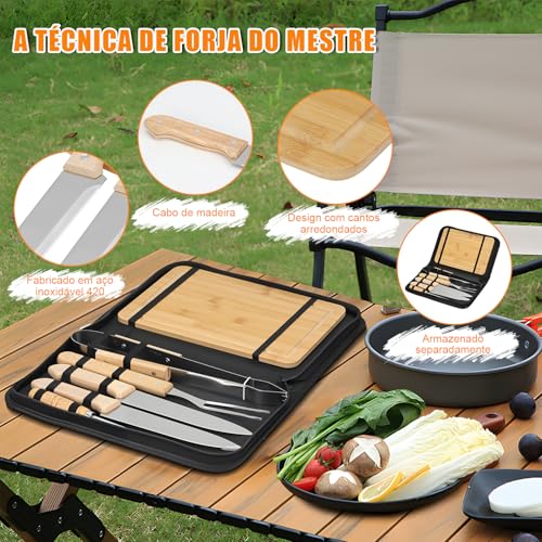 Jogo para Churrasco Inox 6 peças, Kit de Churrasco com Tábua de Bambu, Kit Tábua para Churrasco, Kit Churrasco com Tabua, Kit Churrasco Conjunto, Facas para Churrasco, Jogo de Facas