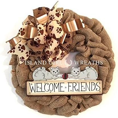 Welcome Friends, Cat Wreath, Paw Print Ribbon, Welcome Cat Wreath, Cat Wreath For Front Door