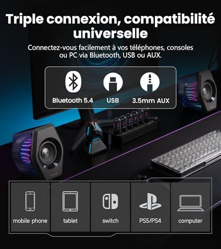 G2000 Pro-Enceintes PC Gaming 2.0(Peak 64W) avec Éclairage RGB TempoFlow™ 270°, Son Surround Virtuel 7.1-Bluetooth 5.4/USB-C/AUX-Compatible PC, PS5, Xbox, Mobile-Haut-parleurs Gamer-Noir
