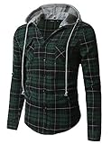 Doublju Men's Long Sleeve Casual Hood Zip-up Inner Color Blocked Check Shirt