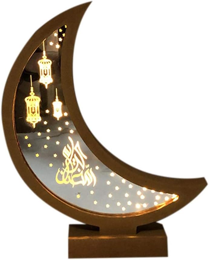 Per Newly Eid Mubarak LED Light, Wooden Eid Mubarak Moon Star Islam Hanging Pendant Plate for Ramadan Muslim Event Party Decoration