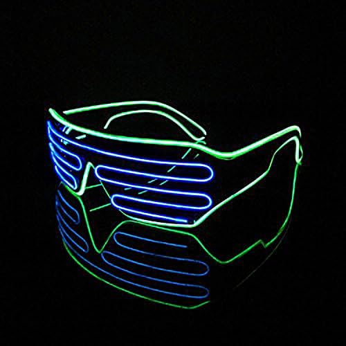 PINGGE US - Black Frame Colorful El Wire Neon LED Light Up Shutter Shaped Glasses for Rave Costume Party - Two Colors+ Standard Controller (Blue + Light Green)