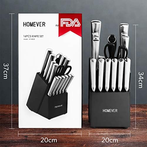 HOMEVER Couteau de Cuisines, 16 Pièces Set Couteaux de Cuisine en Acier Inoxydable avec Bloc en Bois, Ensemble de Couteaux, Couteaux de Chef avec Porte, Bloc de Couteaux pour la Cuisine