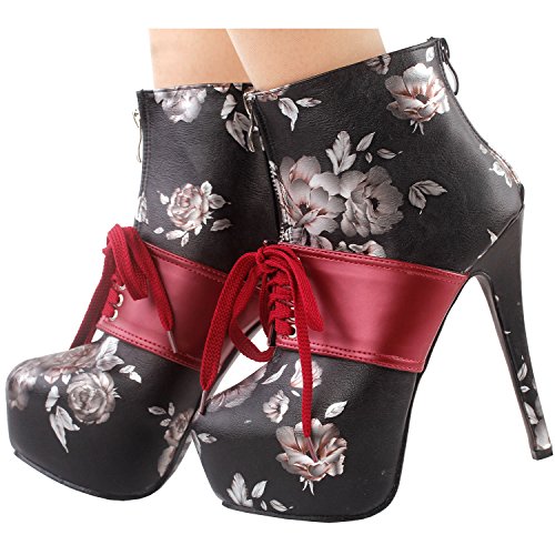 SHOW-STORY-Retro-Black-Red-Two-Tone-Flower-Print-Lace-Up-Zip-Platform-Stiletto-Ankle-Bootie-BootLF80857