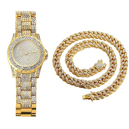 HALUKAKAH Diamond Gold Watch Iced Out,Men's 18k Real Gold Plated Quartz Wristband 22cm,with Cuban Link Chain 45cm Necklace Set,Full Cz Diamonds,Free Giftbox