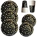 Black and Gold Party Supplies- Disposable Fancy Party Plates and Cups with Gold Foiled Confetti Polka Dots- 9