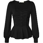 Belle Poque Peplum Tops for Women Square Neck Long Sleeve Blouses Ruffle Hem Smocked Elegant Shirts