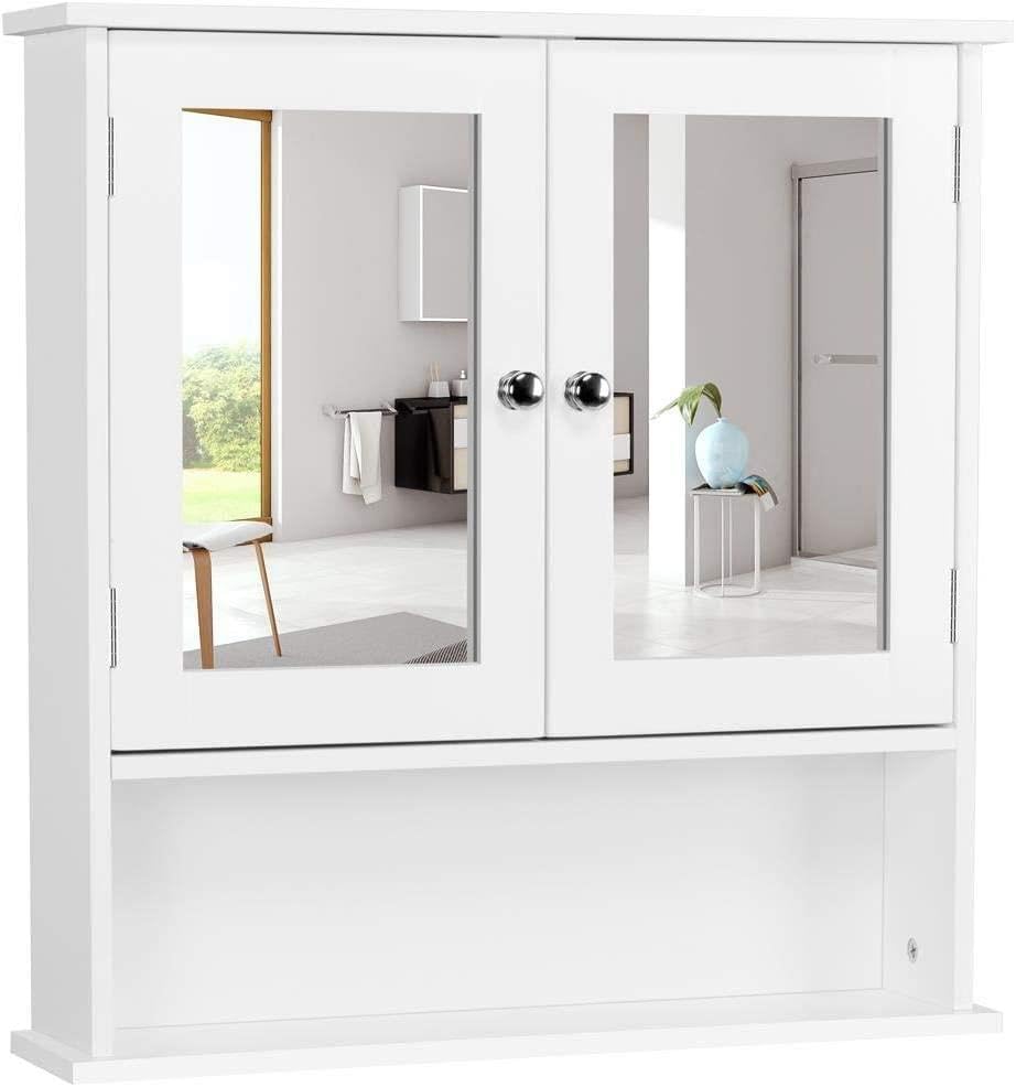 Yaheetech Modern Wall Mount Bathroom Mirror Cabinet White 56x13x58 cm