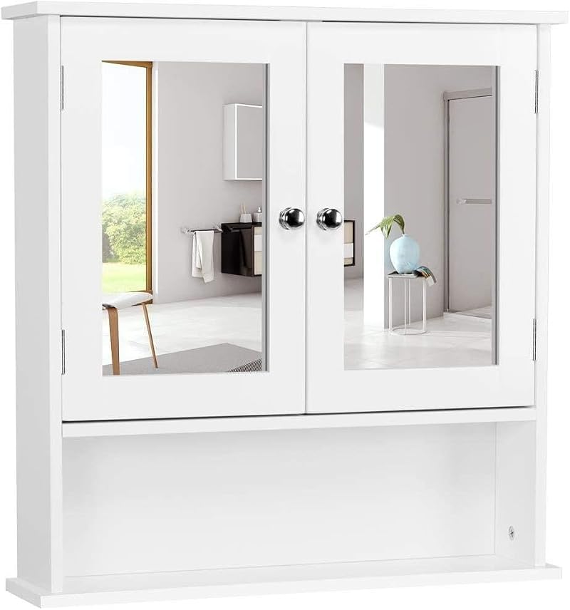 Yaheetech Modern Wall Mount Bathroom Mirror Cabinet White 56x13x58 cm