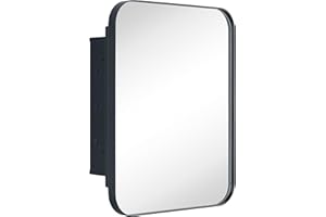 EGHOME Matt Black Rectangle Recessed Bathroom Medicine Cabinet with Mirror Stainless Steel Matte Black Metal Framed Rounded Rectangular Bathroom Cabinet with Mirror 14x18''
