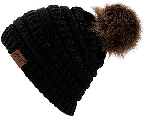 Sanxin Winter Adult Unisex Knitted Winter Warm Large Faux Fur Beanie Bobble Pom Pom Hat Ski Snowboard Hats (L, Black)