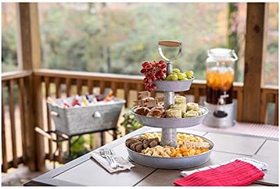 Enameled Galvanized 3 Tier Collapsible Server with Wood Handle & Food Safe Steel (Gray)