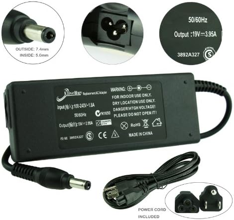 [2 Years Warranty] - Elivebuy® 19v 3.95a AC Adapter/Charger + Power Supply Cord for Toshiba Satellite A80 A85 C645 C645D C650 C650D C655 C655D C655-S5082 C655-S5132 C675 C675D E205 E305 L30 L300 L300D L305D-S5895 L305-S5919 L305-S5955 L355-S7915 L45 L450D L650 L670 fits ADP-75SB PA-1750-09 PA3432U PA3468E PA3468E-1AC3 PA3468U PA3468U-1ACA PA-3468U-1ACA PA3715E-1AC3 PA3715U-1ACA (3 Prongs)