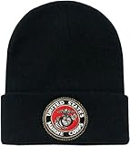 Classic Military Long Cuff Beanie Ski Cap (Black, US MARINES Emblem)