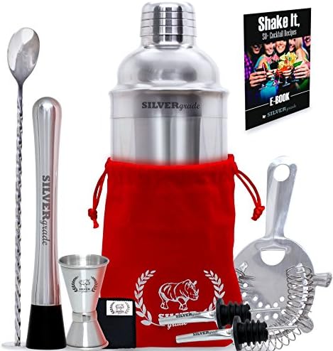 Cocktail Shaker and Bar Accessories, Including 24oz Shaker, Jigger, 2 x Pourers, Muddler, Spoon, Strainer and Stirrers, 2 Products Bundle