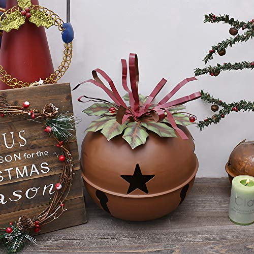 Large Christmas Jingle Bell Decoration Set of 3, Rustic Red Jingle Bell Hanging Christmas Tree Bell Ornament Metal Star Cutout Xmas Holiday Decor, Party and Festival Decoration (Bell Set)