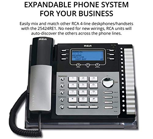 RCA 25424RE1 4-Line Expandable Phone System - Office Desk Telephone with Built-In Caller ID and Intercom Bundle with RCA H5401RE1 DECT 6.0 Cordless Handset, Blucoil 2 AA Batteries, and 4 AAA Batteries