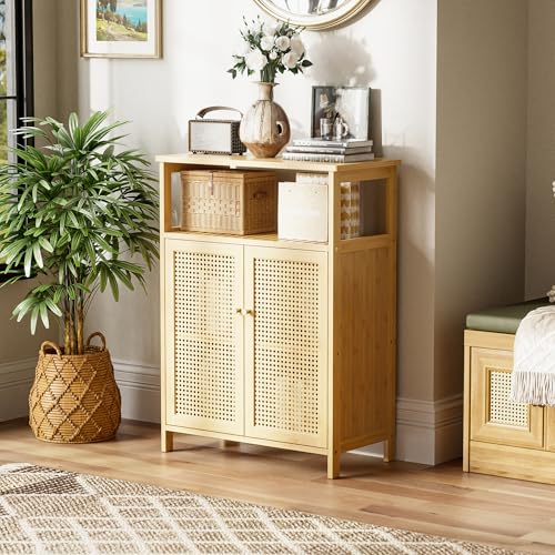 HITNET Rattan Storage Cabinet, Bathroom Cabinet with 2 Doors, Bamboo Free Standing Side Organizer for Living Room, Kitchen, Entryway, Natural