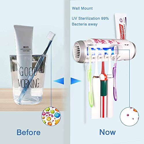 BOHON UV Toothbrush Holder with Sterilization Function Build-in Drying Fan Toothpaste Holder and 5 Toothbrush Sterilizer Holder Wall Mounted for Women Kids Baby Shower Bathroom Mirror