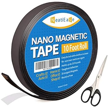 Magnetic Tape - 1 Inch x 10 Feet Magnetic Strips with Reusable Washable Adhesive Backing - Strong Sticky Magnet Tape Roll for Craft, DIY Projects, Fridge & Whiteboard