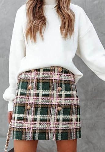 HERBATOMIA Women's Plaid Mini Skirt Green Vintage High Waist Above