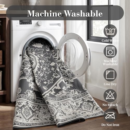 Engiw-Outdoor Rug-Patio Rug 8x10 Textured Weave Machine Washable Quick Dry Outdoor Carpet Braided Vintage Non Slip Indoor Outdoor Rug for Deck Porch Balcony Backyard Blackish Grey