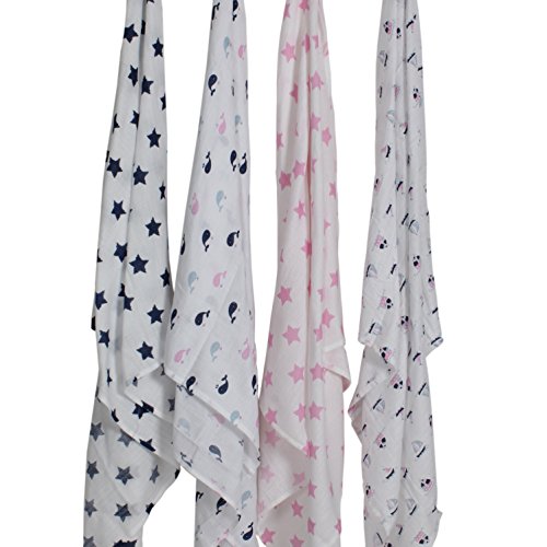 Bacati Set of 4 Little Sailor Muslin Swaddling Blankets, Blue/Pink
