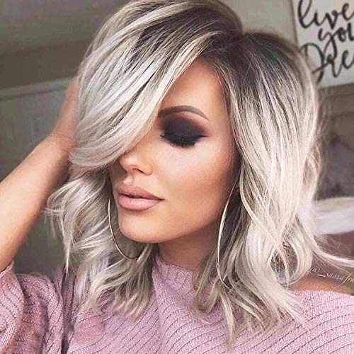 Photo 1 of SEVENCOLORS Short Grey Wavy Wigs for White Women Ombre Silver Bob Wig with Dark Roots Synthetic Hair Natural Looking Gray White Wigs
