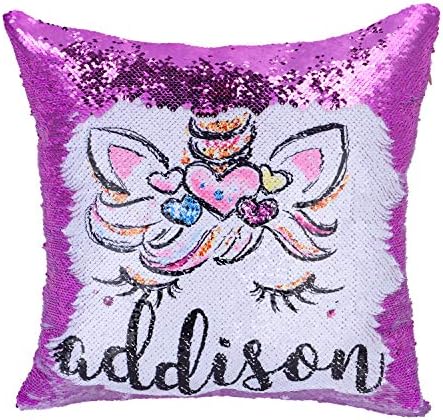 Xiaowli Personalized Unicorn Sequin Pillow, Custom Mermaid Pillow Reversible Sequin Pillows Unicorn Gifts for Girls (B Unicorn-Purple)