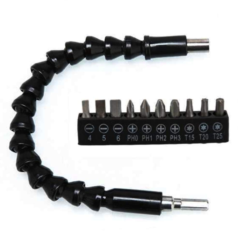 Flexible Drill Bit Extension Shaft, Tiberham 300mm Snake Drill Bit Screwdriver Extender with Screwdriver Head Set, Magnetic Power Bit Drill Extension Universal Repair Tools (1/4" Hex Shank)