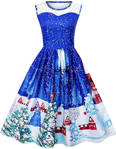 Women Christmas Dresses Vintage A-Line Lace O-Neck Sleeveless Santa Claus Reindeer Xmas Print Cocktail Swing Party Dress