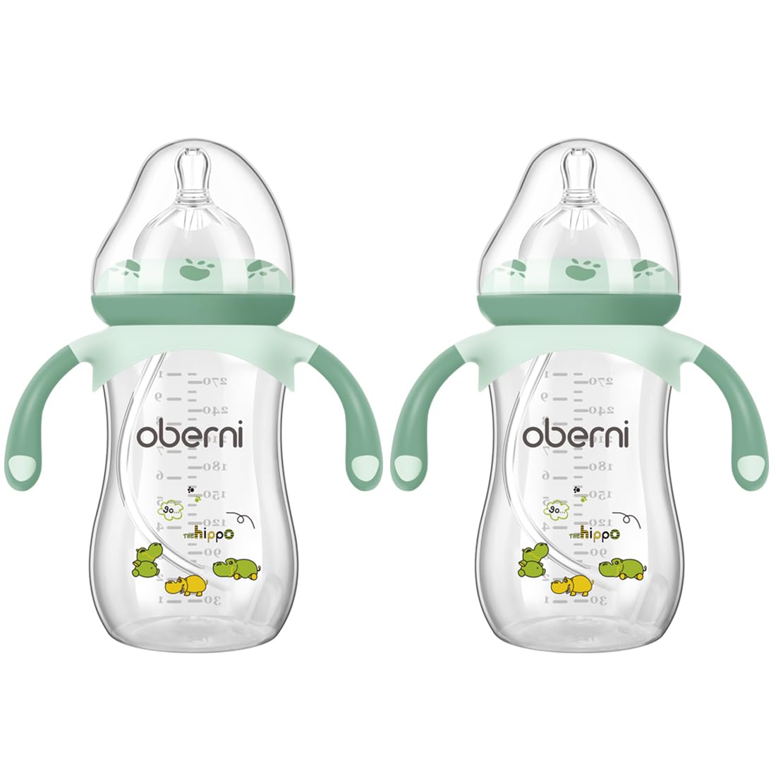 Oberni Anti-Colic Baby Bottle with Size 4 Breast-Like Teat, Non-Slip Handles, Weighted Straw for 12 Months Newborn Babies, 270ml/9oz/Green/2Pack