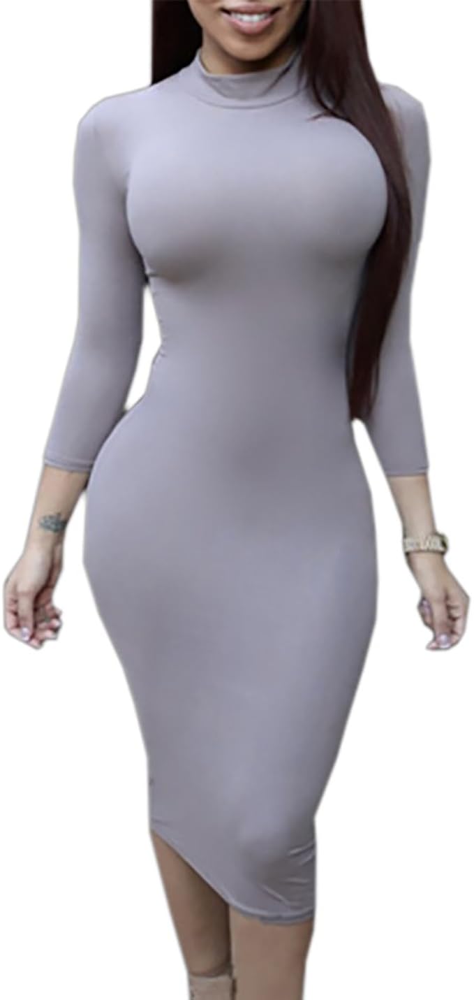 Amazon レデイース タイト ワンピース 長袖 ドレス 無地 ハイネック ドレス インナー 無地 シルエット カジュアル ストレッチ ボディコン グレー M ワンピース チュニック 通販