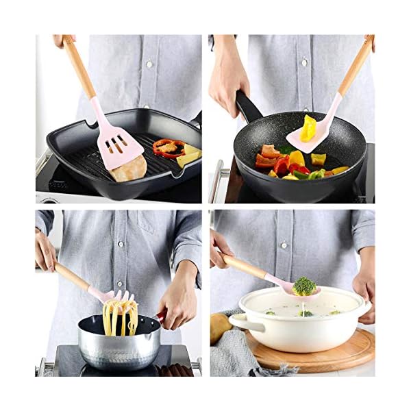 ZCOINS 18+1 PC Silicone Cooking Utensils Set with Wooden Handles & Holder, Kitchen Gadgets, Kitchen Tool Set Gift (Pink)