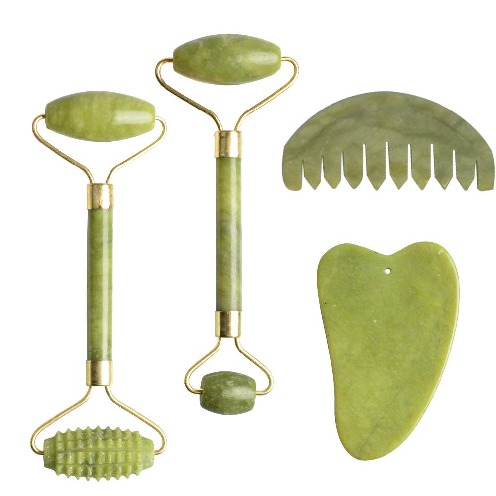 4 PCS Jade Rollers Sets, Jade Comb Facial Face Massager Stone Ridged Roller Slimming Tool Skin Roller Jade Stone Roller Gua Sha Massage Tool Facial Scraping Tool for Body Removing Skin