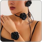 Bestleey Rose Flower Earrings Necklace Bracelet Set for Women,Vintage Camellia Satin Flowers Necklace Black Red White Fabric Earrings Bracelet Wedding Banquet Jewelry