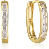 Women's Hoop Earrings 925 Sterling Sliver Cubic Zirconia Huggie Hoop Earrings Baguette Earrings Hypoallergenic Gold Hoop Earrings for Women (White)