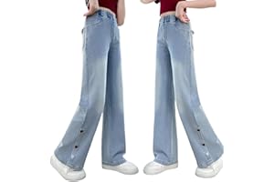 Nivne Tco Tween Girls Baggy Jeans-Straight Leg Denim Pants with Heart Embroidered, Loose Fit Elastic Waistband Trousers