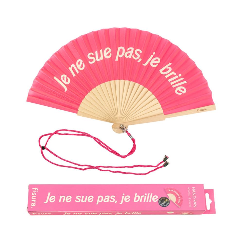 Fisura - Original handheld folding fan with message in french. wooden fan. Original holding Hand Fans. Fan with hanger included (Brille, pink)