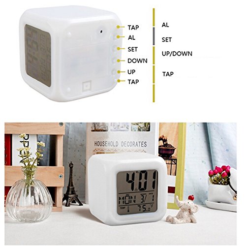 genmine Alarm Clock 7 LED Color Change with Temperature, Alarm and Sleeping Function 7 Colors Changing Thermometer Night Glowing Digital Alarm for Bedroom Child