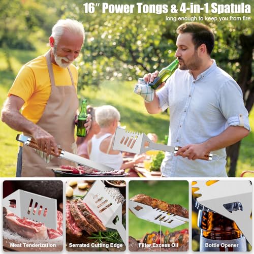 RINPIR 35pcs Deluxe Grilling Gifts Set for Birthday Fathers Day, Stainless Steel BBQ Accessories Kit for Men Dad, Professional Grill Tools Utensils with Scissors, Meat Claws in Aluminum Case Brown