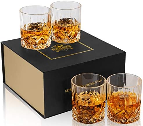 KANARS Previous Common Whiskey Glasses with Luxurious Field – 10 Oz Rocks Barware For Scotch, Bourbon, Liquor and Cocktail Drinks – Set of 4